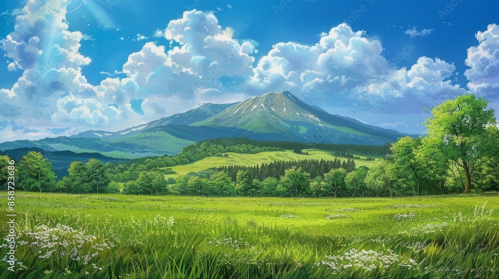 Obraz premium Mountain Meadow Landscape Illustration