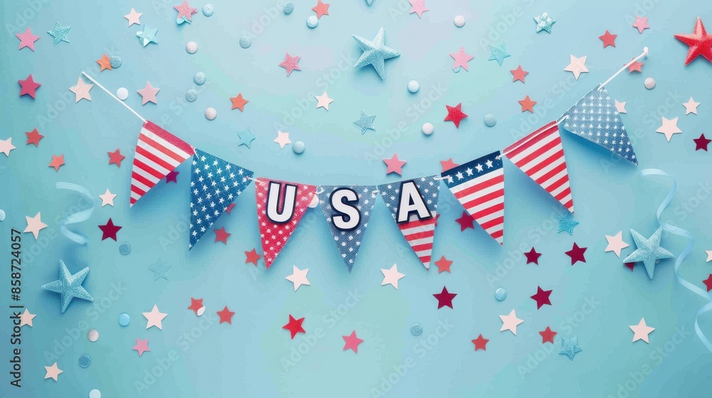 Obraz premium Happy Presidents Day banner with American flags, confetti stars,Grosgrain ribbon, on blue background with free space in right side ,Independence Day, America