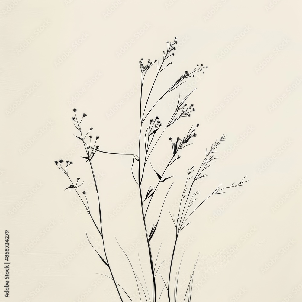 A delicate sketch of wild grasses, rendered in black ink on a white background. The simple lines and minimalist style create a serene and natural aesthetic. A delicate sketch of wild grasses, rendered in black ink on a white background. The simple lines and minimalist style create a serene and natural aesthetic.