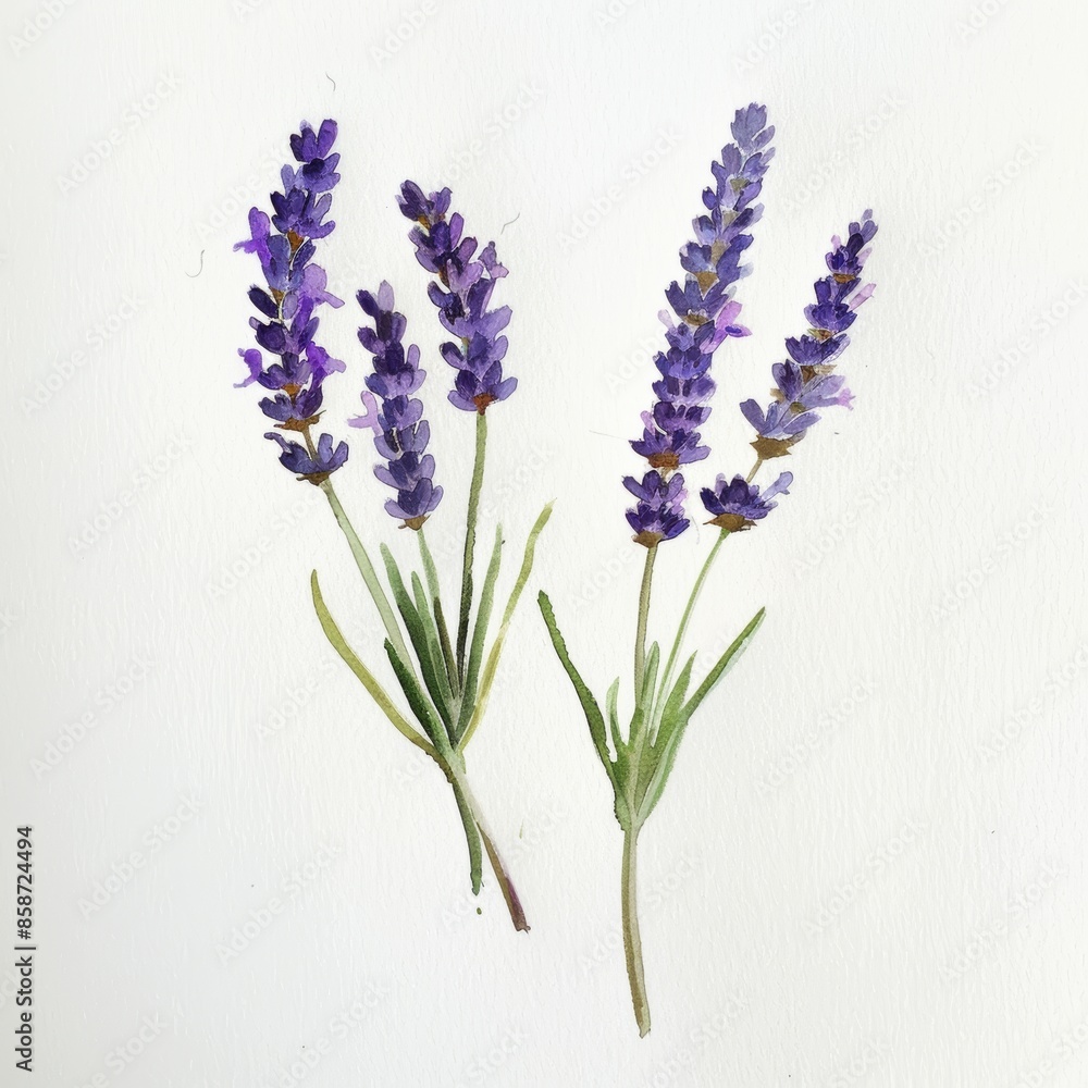 Obraz premium Three sprigs of lavender with purple flowers and green leaves, painted in watercolor on white background.