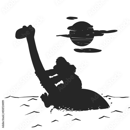 Vector Cartoon Funny Silhouette of Bigfoot Riding the Loch Ness Monster