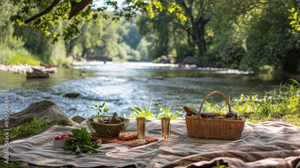 Create a scene of a picturesque summer picnic by a river, with a blanket spread out, a basket of fresh food, friends laughing, and the gentle flow of the water providing a soothing backdrop. Create a scene of a picturesque summer picnic by a river, with a blanket spread out, a basket of fresh food, friends laughing, and the gentle flow of the water providing a soothing backdrop.