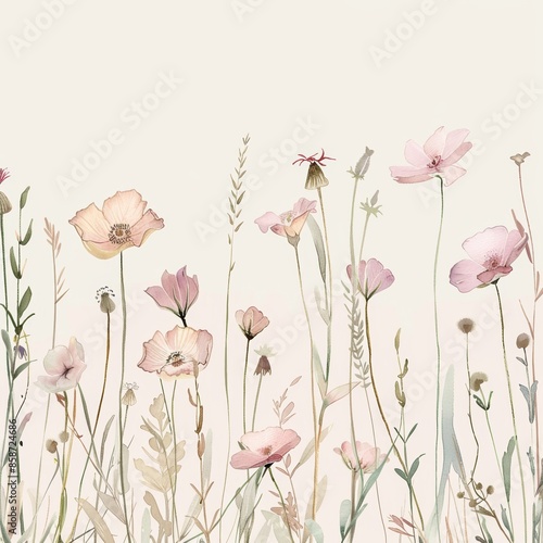 A delicate watercolor illustration of a field of pink wildflowers and grasses against a soft beige background.