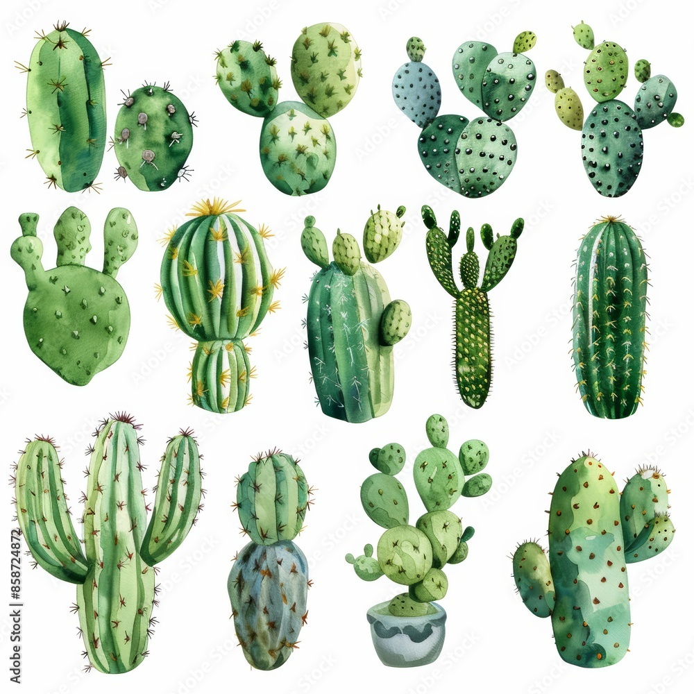 Collection of watercolor cactus illustrations, various shapes and sizes, isolated on white background. Collection of watercolor cactus illustrations, various shapes and sizes, isolated on white background.