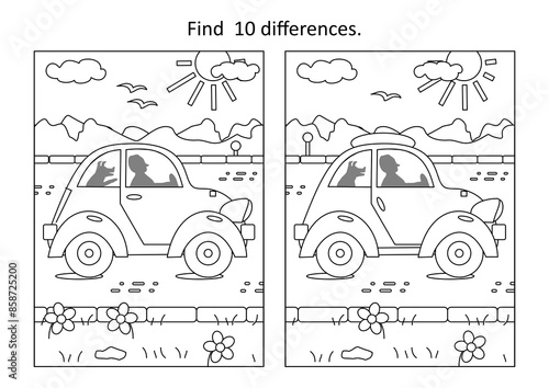 Difference game and coloring page with a man and his dog driving in a car along the road in a hot sunny summer day
 photo