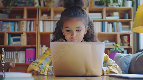 Image of a middle school girl using her parents' laptop for homework in a library with bookshelves in the background, child, girl, laptop, study, homework, desk, library, bookshelf, AI-generated.