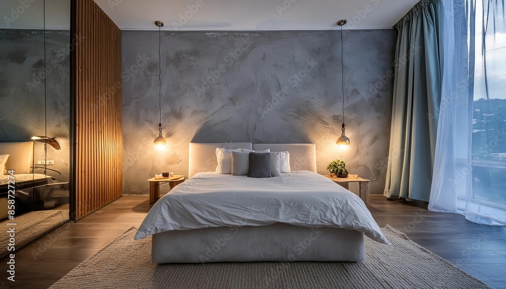 Fototapeta premium bedroom night atmosphere interior design with light on concrete wall. expose wall. shear wall. lamp. back drop. wallpaper