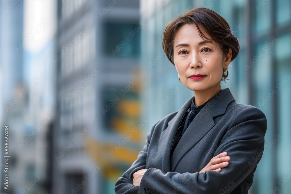 A Japanese businesswoman with short hair wearing a gray suit stands with her arms crossed, confident. A Japanese businesswoman with short hair wearing a gray suit stands with her arms crossed, confident.