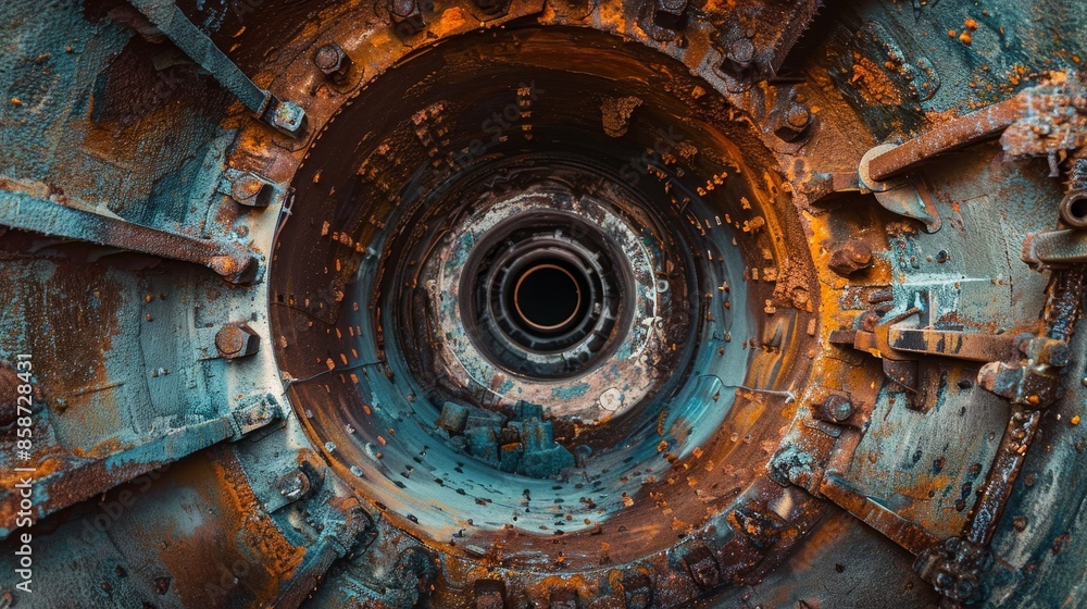 Close-up inside a cooling tower flue, showcasing the detailed inner workings, raw industrial style, immersive and precise Close-up inside a cooling tower flue, showcasing the detailed inner workings, raw industrial style, immersive and precise