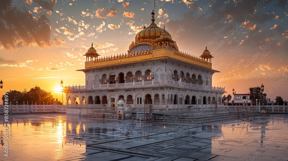Fototapeta premium Beautiful palace with a golden dome, intricate designs, sunrise enhancing its grandeur, raw style, vibrant and detailed