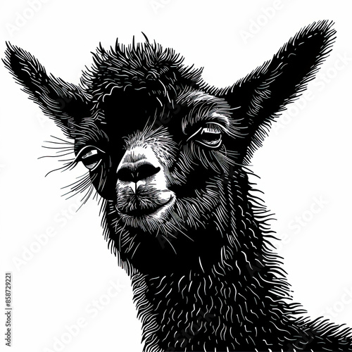 A black and white drawing of a llama 's face photo