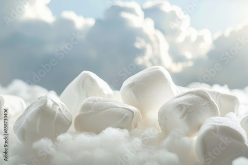 White fluffy marshmallows on a cloudy background.