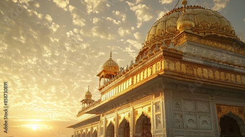 Detailed palace with a golden dome, intricate architectural features, illuminated by the rising sun, raw and majestic photo