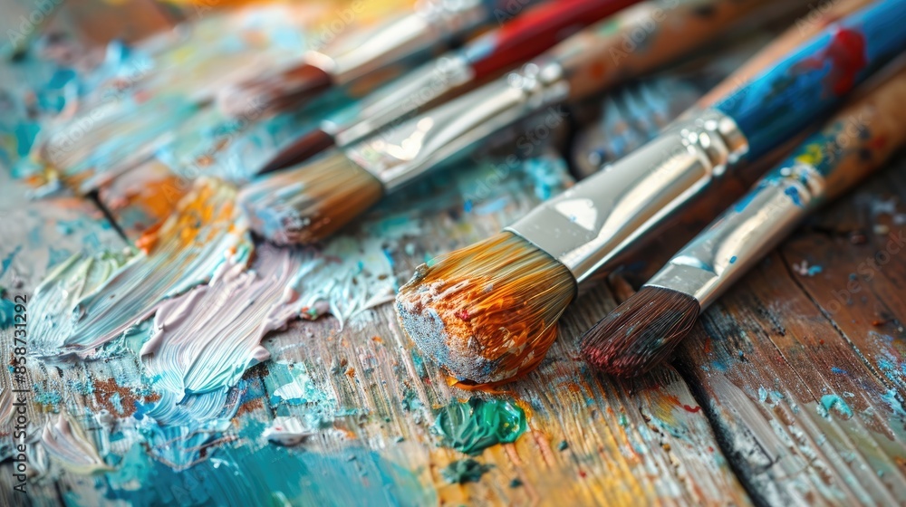 Fototapeta premium Close up of artist paintbrushes on vintage wooden surface