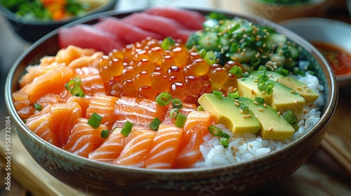 A delicious and healthy Japanese dish with fresh salmon, roe, avocado, and vegetables. photo