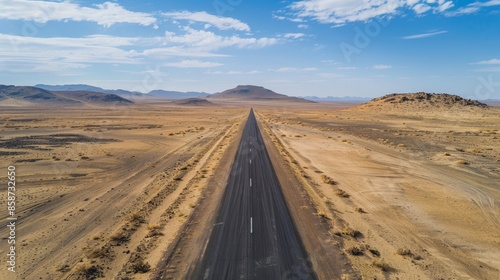 Empty road stretching through a barren desert, aerial perspective, highlighting the remote and desolate landscape, raw and vivid