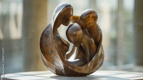 Energy of New Beginnings modernist sculpture revealed, with people embracing behind it, raw and detailed, dynamic and inspiring photo