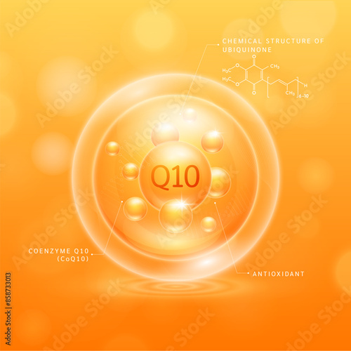 Coenzyme Q10 solution orange and chemical structure of Ubiquinol. Collagen serum hyaluronic acid moisturizer with antioxidants for brighter skin. Cosmetic beauty nutrition. Vector.