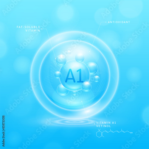 Vitamin A1 solution blue and chemical structure. Fat soluble vitamins. Collagen serum hyaluronic acid moisturizer with antioxidants for brighter skin. Cosmetic beauty nutrition. Vector.