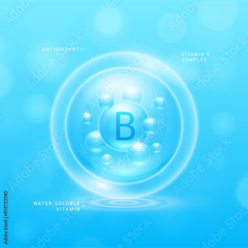 Vitamin B complex solution blue. Water soluble vitamins. Collagen serum hyaluronic acid moisturizer with antioxidants for brighter skin. Cosmetic beauty nutrition. Vector.