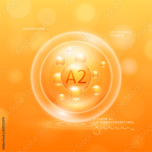 Vitamin A2 solution orange and chemical structure. Fat soluble vitamins. Collagen serum hyaluronic acid moisturizer with antioxidants for brighter skin. Cosmetic beauty nutrition. Vector.