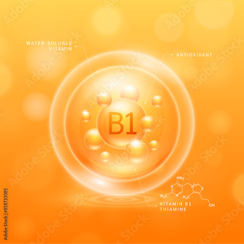 Vitamin B1 solution orange and chemical structure of Thiamine. Water soluble vitamins. Collagen serum hyaluronic acid with antioxidants for brighter skin. Cosmetic beauty nutrition. Vector.