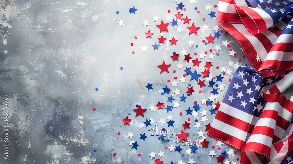 Naklejka premium Happy Presidents Day banner with American flags, confetti stars,,Grosgrain ribbon, on loft background with free space in right side ,Independence Day, American Labor day, Memorial Day