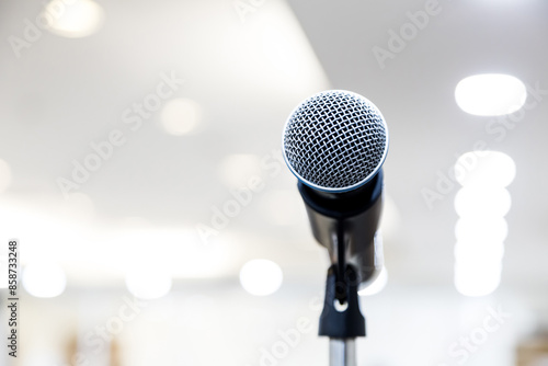 Microphone for press conference speaker report interview concepts or broadcasting public speaking speech presentation stage performance and reporter news with empty copy space background.