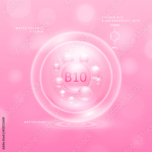 Vitamin B10 solution pink and chemical structure of 4-Aminobenzoic acid. Collagen serum hyaluronic acid moisturizer with antioxidants for brighter skin. Cosmetic beauty nutrition. Vector.