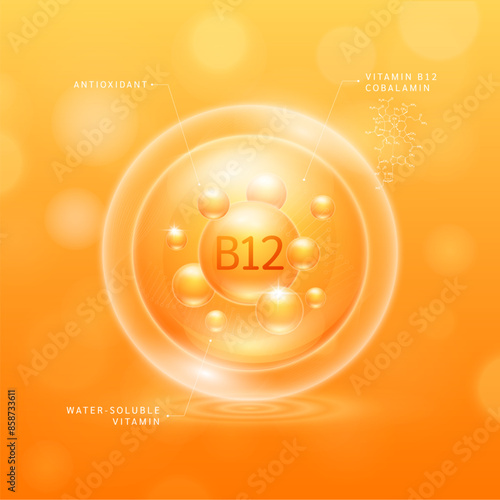 Vitamin B12 solution orange and chemical structure of Cobalamin. Water soluble vitamins. Collagen serum hyaluronic acid with antioxidants for brighter skin. Cosmetic beauty nutrition. Vector.