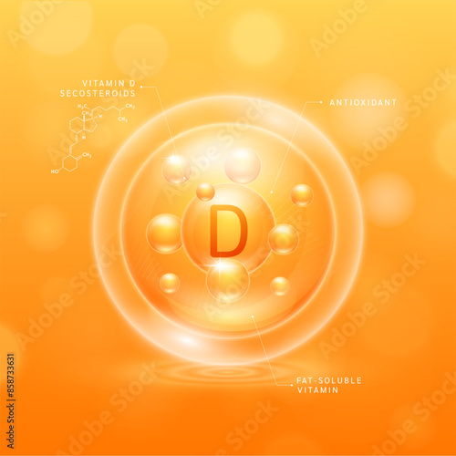 Vitamin D solution orange and chemical structure of Secosteroids. Fat soluble vitamins. Collagen serum hyaluronic acid with antioxidants for brighter skin. Cosmetic beauty nutrition. Vector.