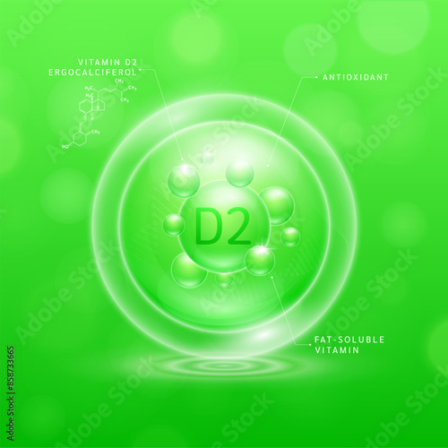 Vitamin D2 solution green and chemical structure of Ergocalciferol. Fat-soluble vitamins. Collagen serum hyaluronic acid with antioxidants for brighter skin. Cosmetic beauty nutrition. Vector.