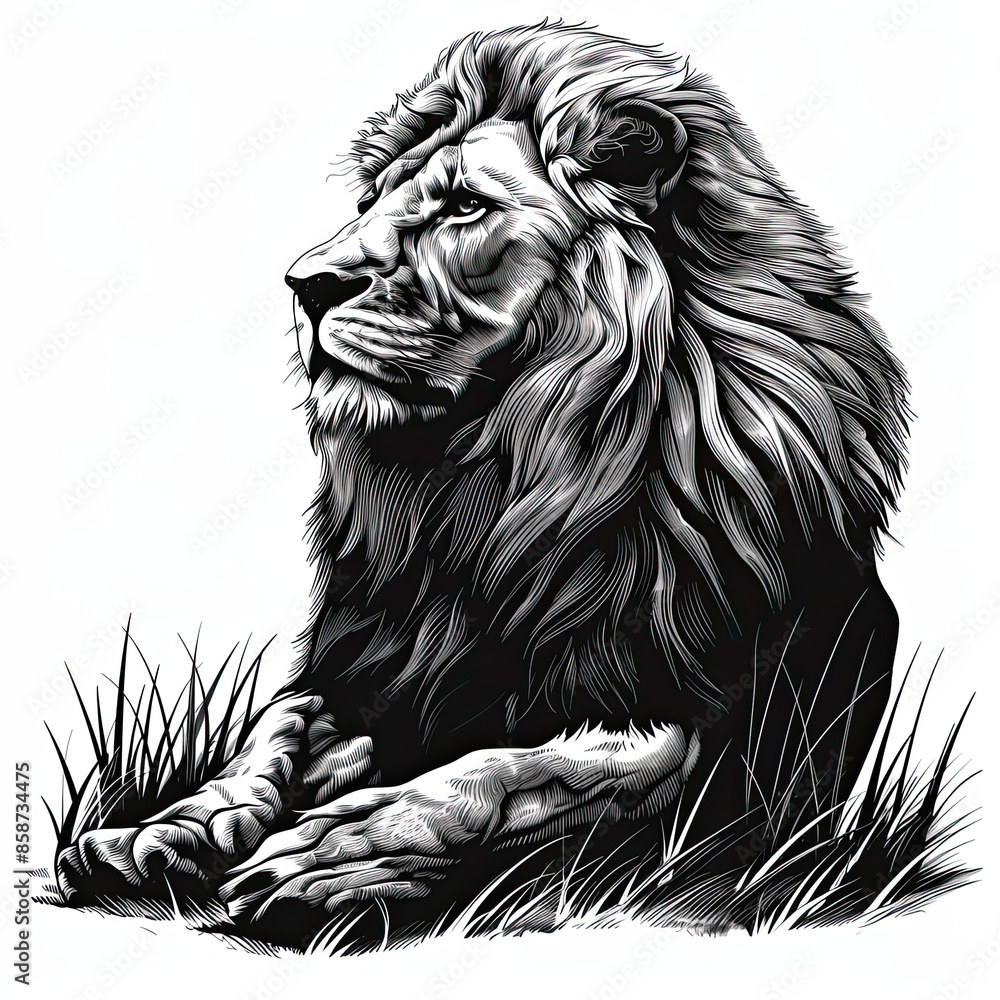 Obraz premium A black and white drawing of a lion sitting in the grass