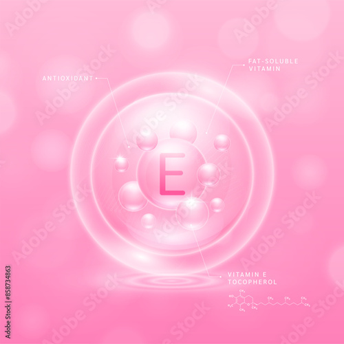 Vitamin E solution pink and chemical structure of tocopherol. Fat soluble vitamins. Collagen serum hyaluronic acid moisturizer with antioxidants for brighter skin. Cosmetic beauty nutrition. Vector.
