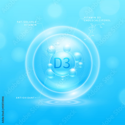 Vitamin D3 solution blue and chemical structure of Cholecalciferol. Fat soluble vitamins. Collagen serum hyaluronic acid with antioxidants for brighter skin. Cosmetic beauty nutrition. Vector.
