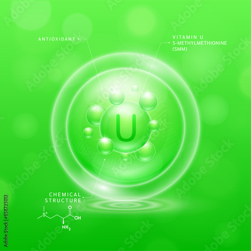Vitamin U solution green and chemical structure of S-Methylmethionine. Collagen serum hyaluronic acid moisturizer with antioxidants for brighter skin. Cosmetic beauty nutrition. Vector.