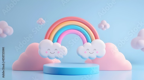 Cheerful Pastel Podium with Rainbow and Clouds for Baby Product Display © yelosole