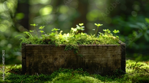 A weathered wooden crate filled with moss and small green plants, set on a mossy forest floor with dappled sunlight photo