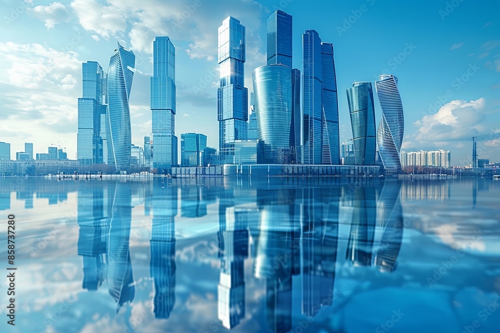 Modern city skyline with skyscrappers and reflection created with Generative AI Modern city skyline with skyscrappers and reflection created with Generative AI