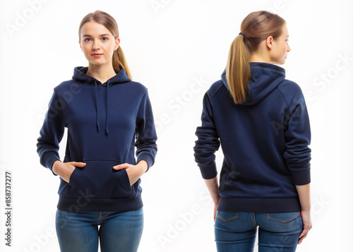 A Girl Wearing a Navy Blue Hoodie Posing for Mockup