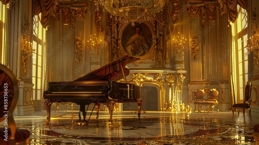 Depict a grand piano in an opulent palace, with golden decor and ...