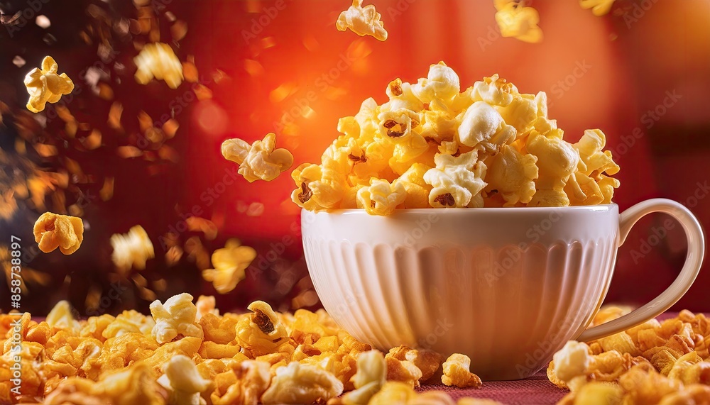 popcorn in the spotlight. the left side is empty Pop corn in big cup kernels popping in air with a red teater background. pop corn the best to content. 1:1. landscape. popcorn in the spotlight. the left side is empty Pop corn in big cup kernels popping in air with a red teater background. pop corn the best to content. 1:1. landscape.