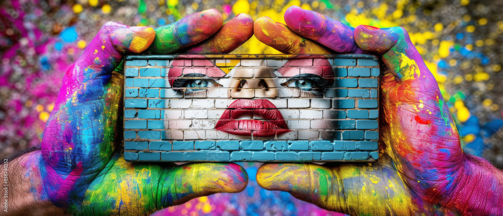 Fototapeta premium Colorful Painted Hands Holding a Brick with Woman's Face