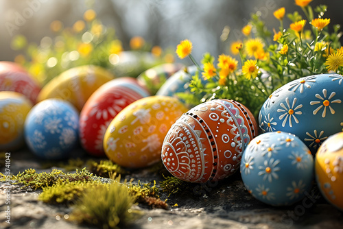 Vibrant Easter eggs placed on a rocky surface photo
