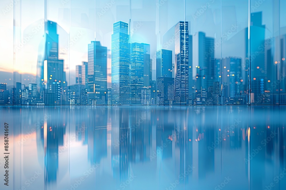 Modern city skyline with skyscrappers and reflection created with Generative AI Modern city skyline with skyscrappers and reflection created with Generative AI
