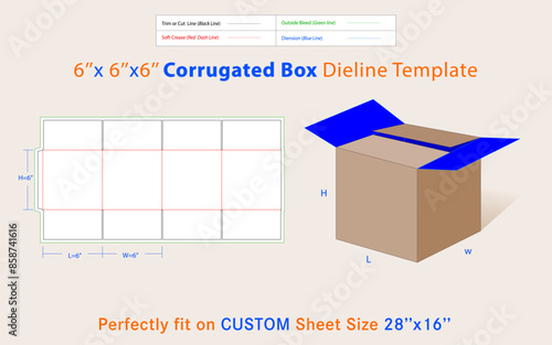 Corrugated Shipping Box 6x6x6 inches Dieline Template