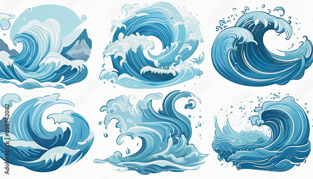 Liquid water splashes, falling aqua drops, sea or ocean waves and swirl. Blue water motion Liquid water splashes, falling aqua drops, sea or ocean waves and swirl. Blue water motion