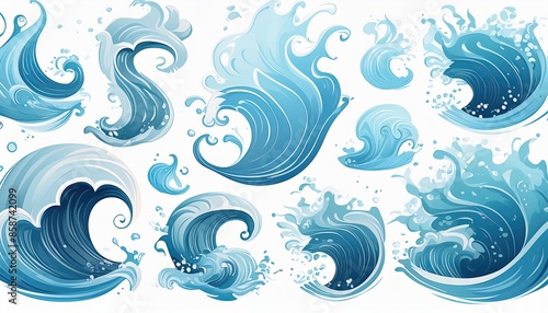 Liquid water splashes, falling aqua drops, sea or ocean waves and swirl. Blue water motion