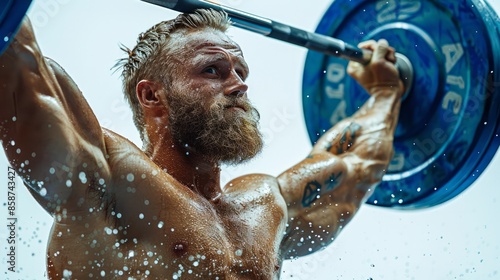 A weightlifter celebrating after successfully lifting a heavy weight, isolated on a white background. 