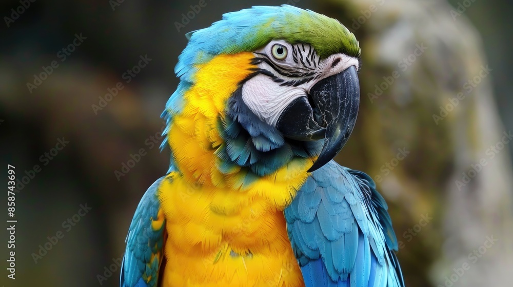 Portrait of stunning Blue and yellow macaw in zoo setting Portrait of stunning Blue and yellow macaw in zoo setting